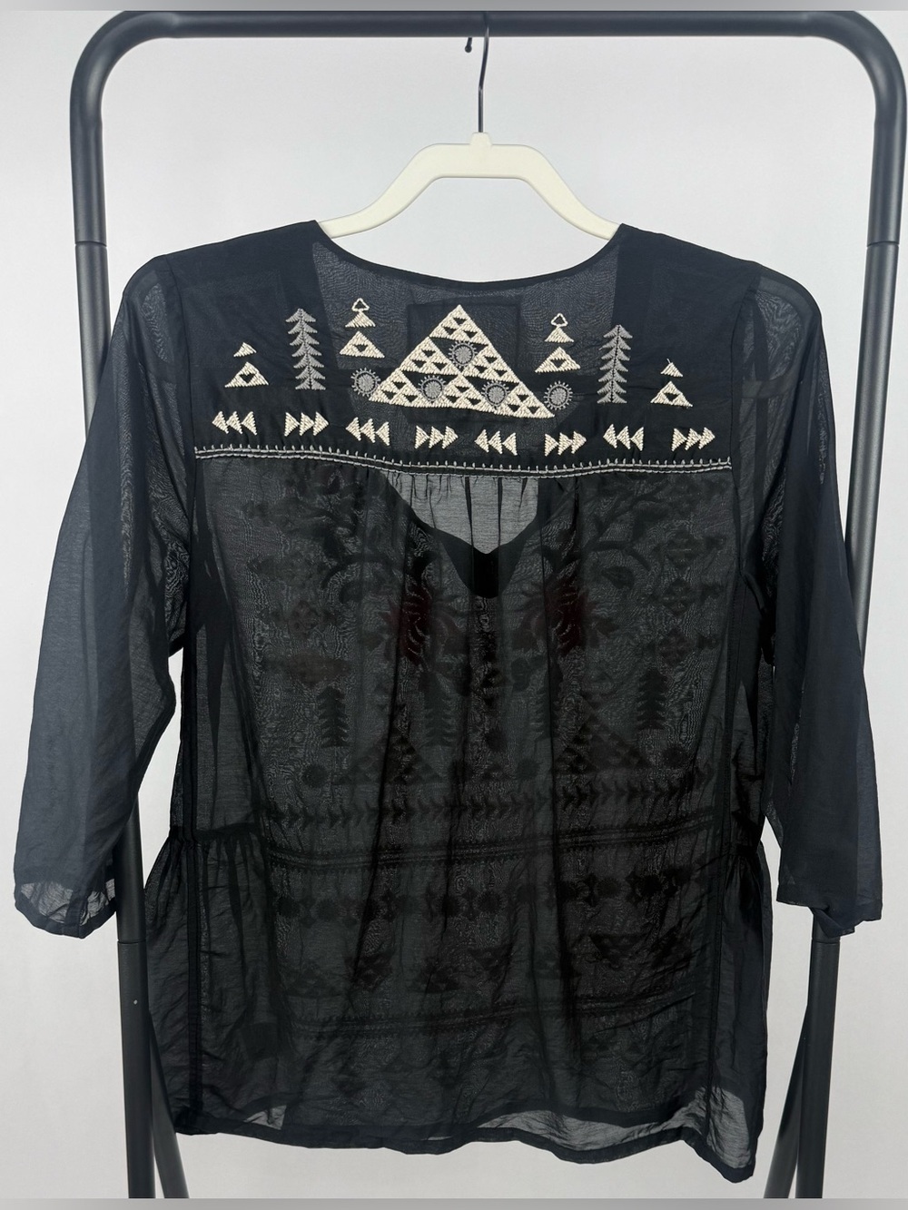 Johnny Was SJ Workshop Embroidered Sheer Silk Blend Boho Blouse Black Sz S - Picture 3 of 5